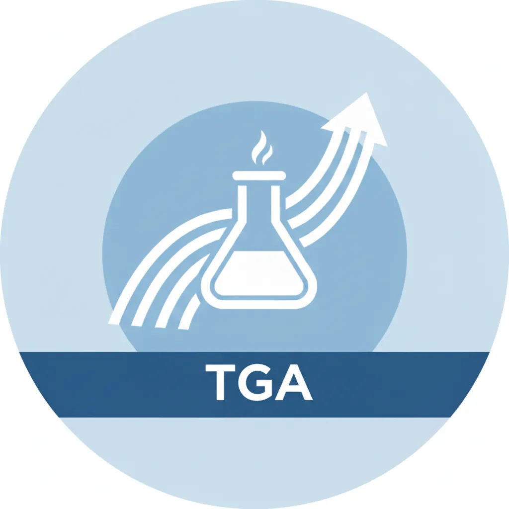 Icono minimalista blanco y azul que representa los beneficios del análisis termogravimétrico, una técnica crucial para la ciencia de materiales.