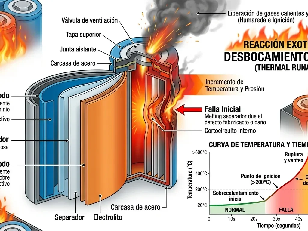 Simulación de falla térmica en batería mostrando cómo se analiza la seguridad de baterías de litio en laboratorio especializado.