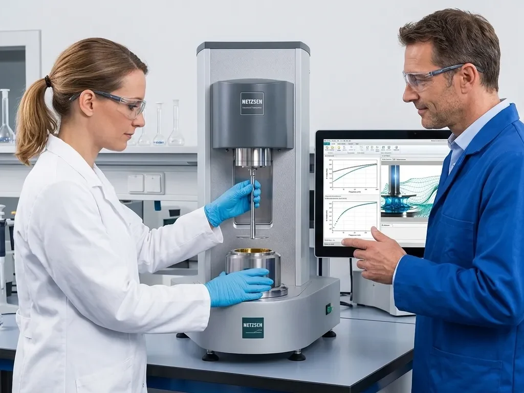Personal de laboratorio efectuando pruebas de reología con instrumentos especializados para evaluar materiales utilizados en distintas aplicaciones industriales.
